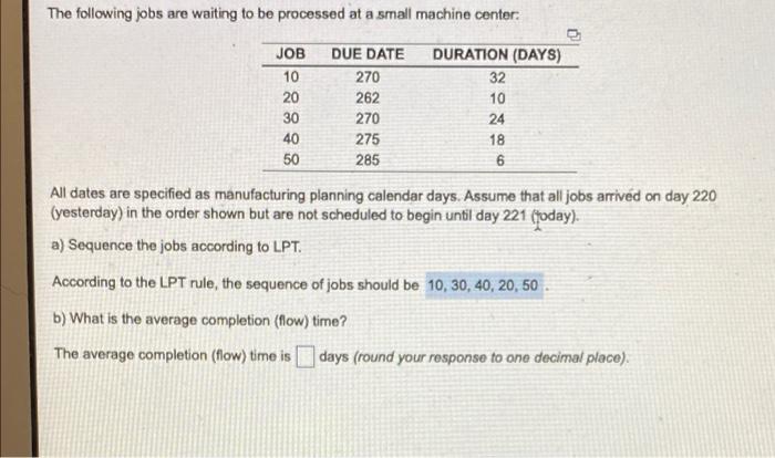 The Following Jobs Are Waiting To Be Processed At A Small Machine Center Job Due Date Duration Days 10 270 32 262 10 1