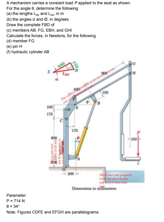A Mechanism Carries A Constant Load P Applied To The Seat As Shown For The Angle 8 Determine The Following A The Len 1