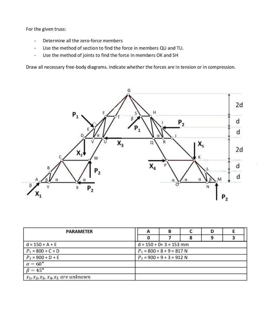 For The Given Truss Determine All The Zero Force Members Use The Method Of Section To Find The Force In Members Qu And 1