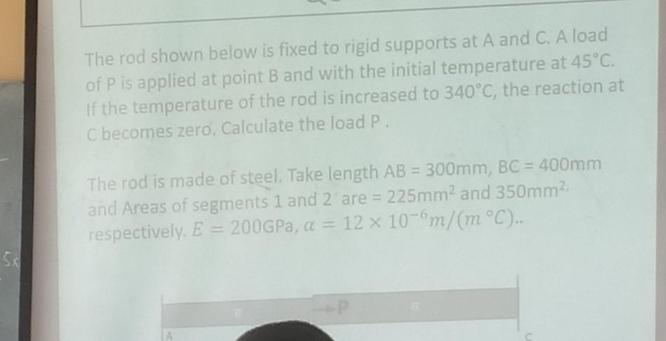 Sa The Rod Shown Below Is Fixed To Rigid Supports At A And C A Load Of P Is Applied At Point B And With The Initial Tem 1