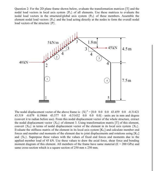 Question 2 For The 2d Plane Frame Shown Below Evaluate The Transformation Matrices T And The Nodal Load Vectors In L 1