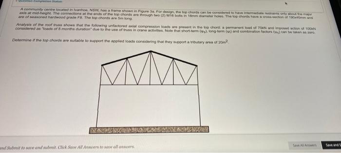 Question Completion Status A Community Centre Located In Ivanhoe Nsw Has A Frame Shown In Figure 3a For Design The T 1