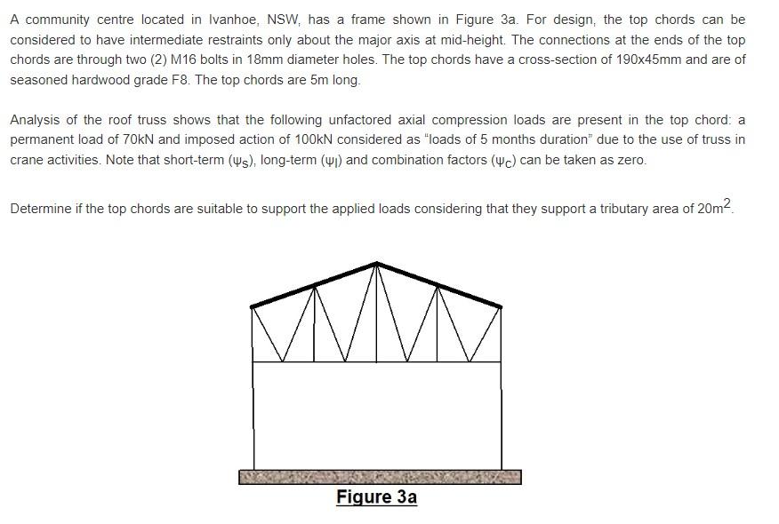 A Community Centre Located In Ivanhoe Nsw Has A Frame Shown In Figure 3a For Design The Top Chords Can Be Considered 1