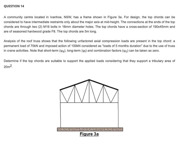 Question 14 A Community Centre Located In Ivanhoe Nsw Has A Frame Shown In Figure 3a For Design The Top Chords Can B 1
