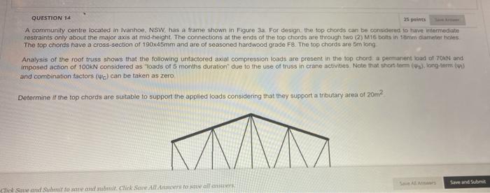 Question 14 25 Points A Community Centre Located In Ivanhoe Nsw Has A Frame Shown In Figure 3a For Design The Top Ch 1
