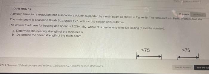 Question 15 25 Points See A A Timber Frame For A Restaurant Has A Secondary Column Supported By A Main Beam As Shown In 1