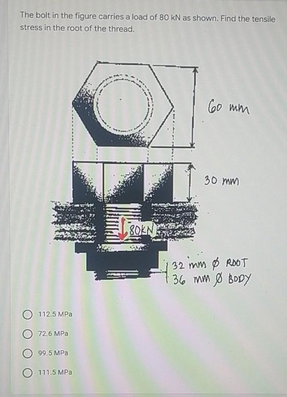 The Bolt In The Figure Carries A Load Of 80 Kn As Shown Find The Tensile Stress In The Root Of The Thread 60 Mm 30 Mm 1