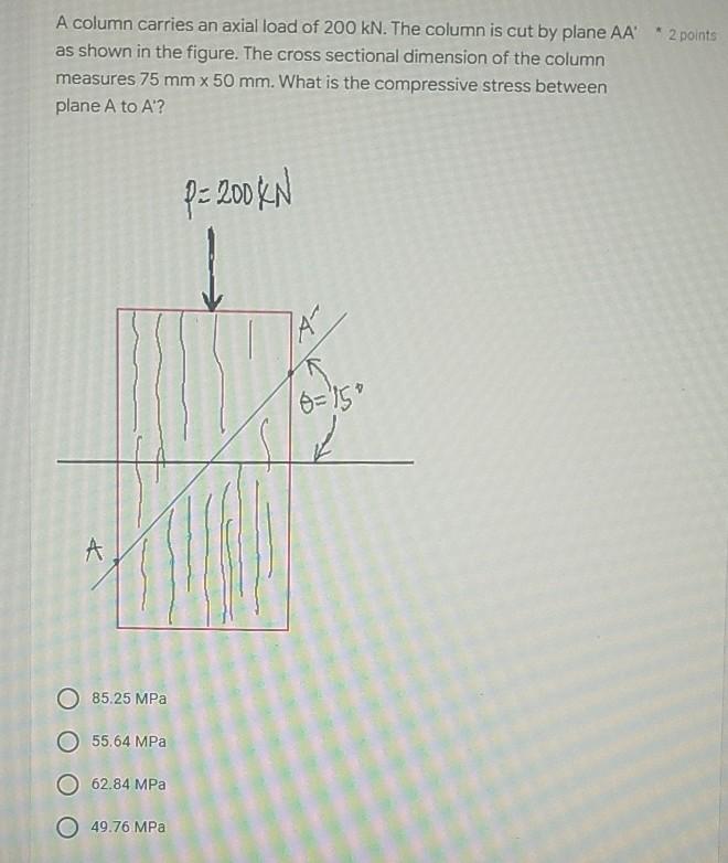 A Column Carries An Axial Load Of 200 Kn The Column Is Cut By Plane Aa 2 Points As Shown In The Figure The Cross Se 1