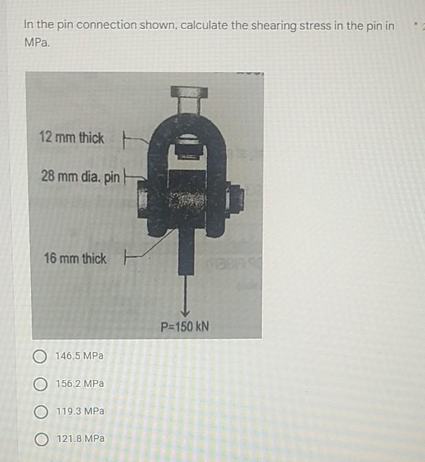 In The Pin Connection Shown Calculate The Shearing Stress In The Pin In Mpa 12 Mm Thick 28 Mm Dia Pin 16 Mm Thick O14 1