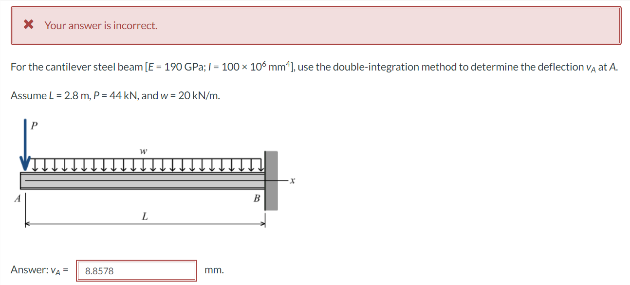 Your Answer Is Incorrect For The Cantilever Steel Beam E 190 Gpa 100 106 Mm4 Use The Double Integration M 1