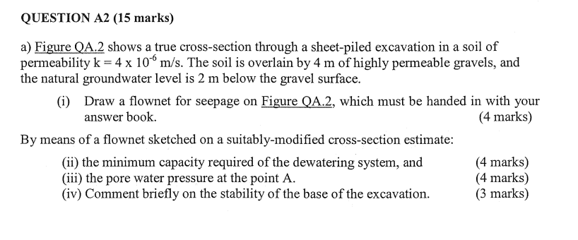 Question A2 15 Marks A Figure Qa 2 Shows A True Cross Section Through A Sheet Piled Excavation In A Soil Of Permeabil 1