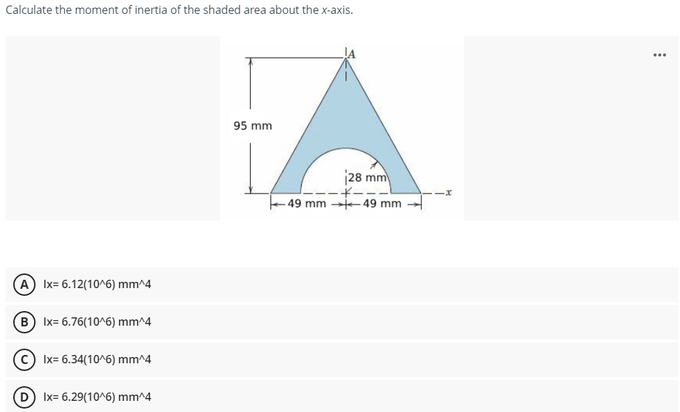 Calculate The Moment Of Inertia Of The Shaded Area About The X Axis 95 Mm A Ix 6 12 10 6 Mm 4 B Ix 6 76 10 6 Mm 1