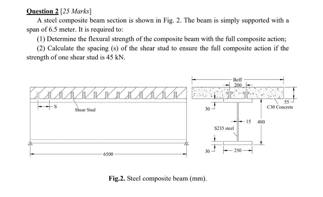 Question 2 25 Marks A Steel Composite Beam Section Is Shown In Fig 2 The Beam Is Simply Supported With A Span Of 6 5 1