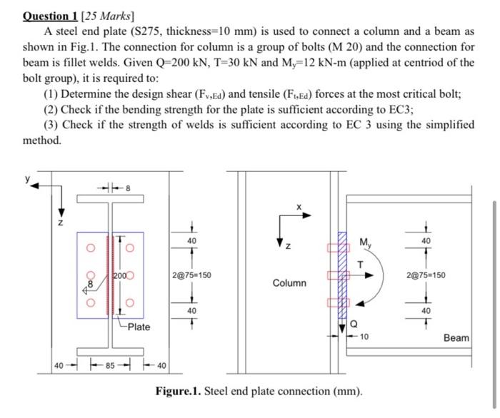 Question 1 25 Marks A Steel End Plate 275 Thickness 10 Mm Is Used To Connect A Column And A Beam As Shown In Fig 1
