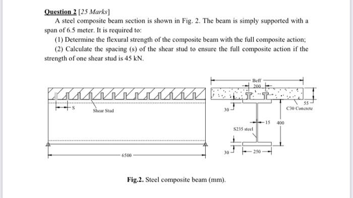 Question 2 25 Marks A Steel Composite Beam Section Is Shown In Fig 2 The Beam Is Simply Supported With A Span Of 6 5 1