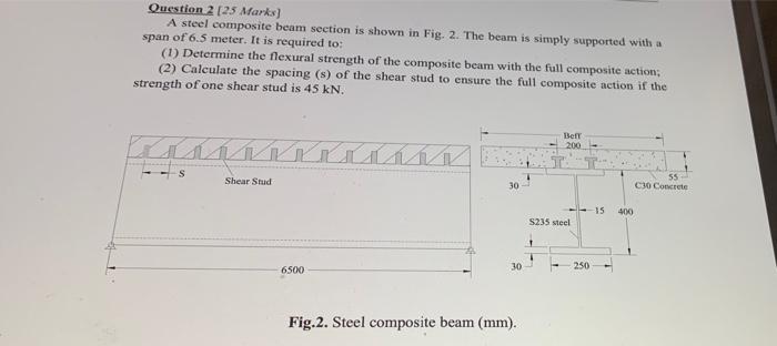 Question 2 25 Marks A Steel Composite Beam Section Is Shown In Fig 2 The Beam Is Simply Supported With A Span Of 6 5 1