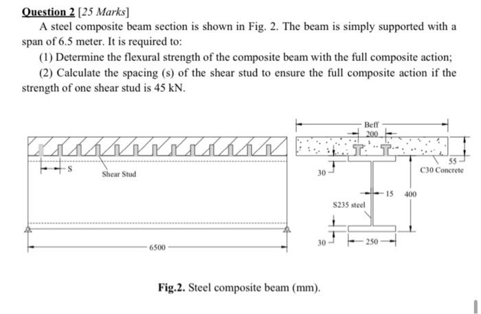 Question 2 25 Marks A Steel Composite Beam Section Is Shown In Fig 2 The Beam Is Simply Supported With A Span Of 6 5 1