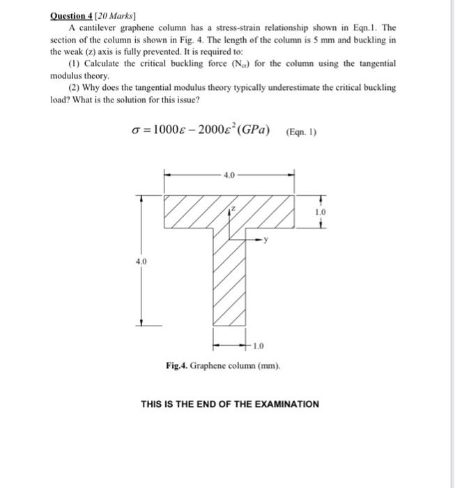 Question 4 20 Marks A Cantilever Graphene Column Has A Stress Strain Relationship Shown In Eqn 1 The Section Of The C 1
