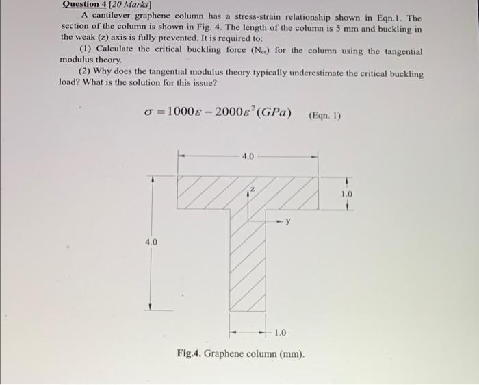 Question 4 20 Marks A Cantilever Graphene Column Has A Stress Strain Relationship Shown In Eqn 1 The Section Of The C 1