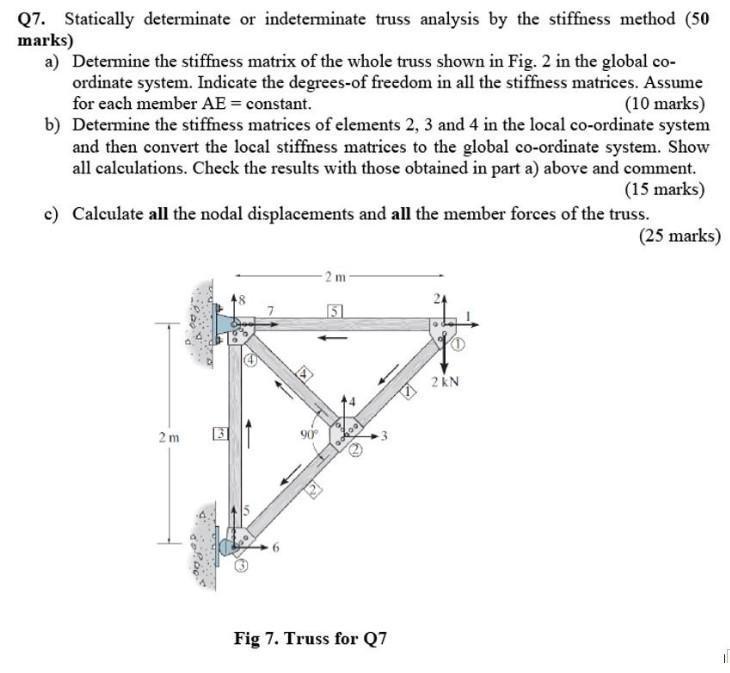 Q7 Statically Determinate Or Indeterminate Truss Analysis By The Stiffness Method 50 Marks A Determine The Stiffness 1