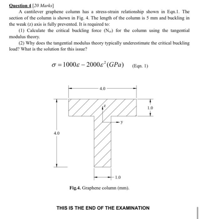 Question 4 20 Marks A Cantilever Graphene Column Has A Stress Strain Relationship Shown In Eqn 1 The Section Of The C 1