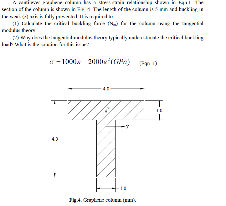 A Cantilever Graphene Column Has A Stress Strain Relationship Shown In Eqn 1 The Section Of The Column Is Shown In Fig 1