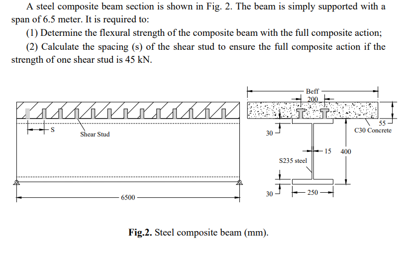 A Steel Composite Beam Section Is Shown In Fig 2 The Beam Is Simply Supported With A Span Of 6 5 Meter It Is Required 1