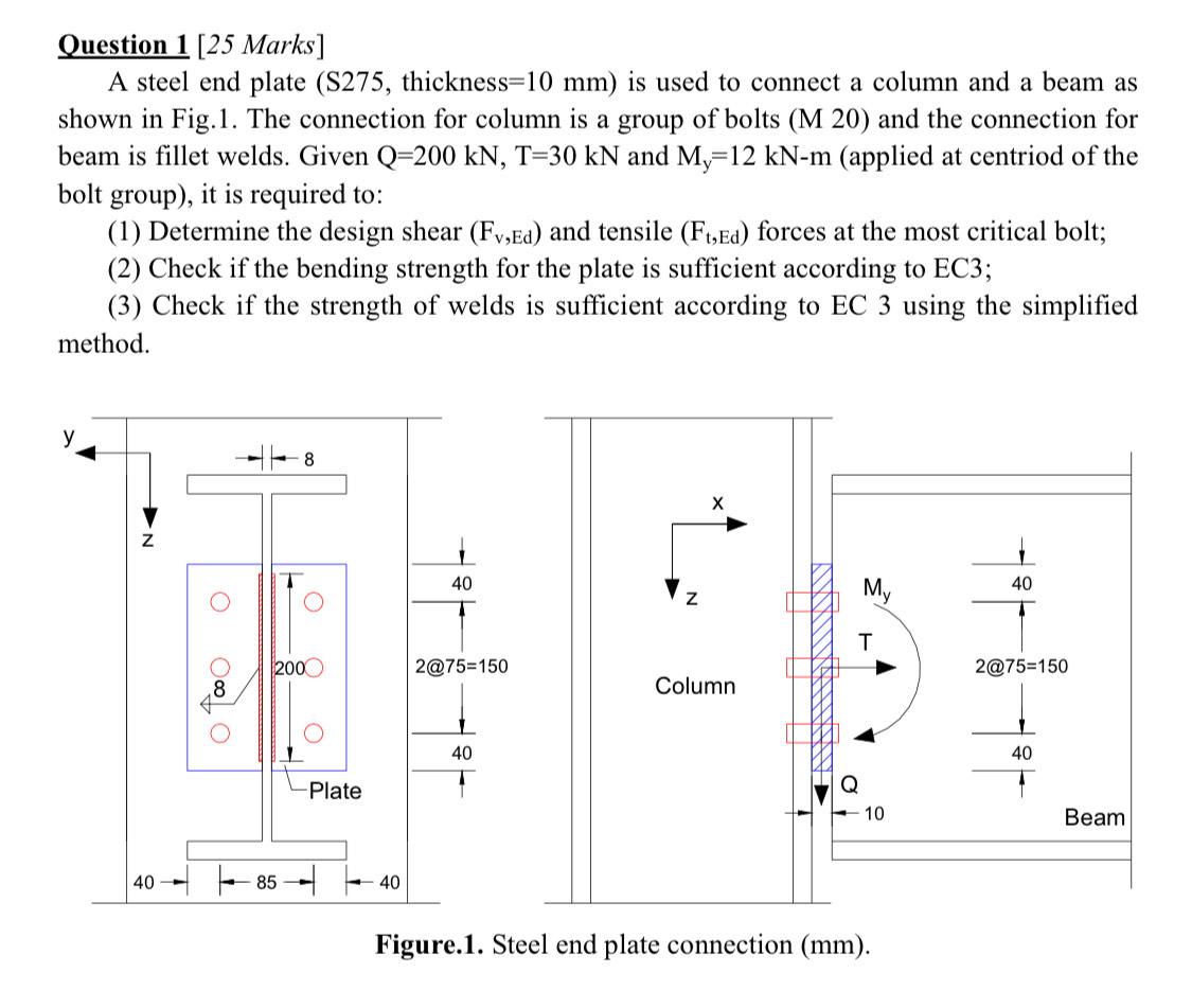 Question 1 25 Marks A Steel End Plate S275 Thickness 10 Mm Is Used To Connect A Column And A Beam As Shown In Fig 1 1