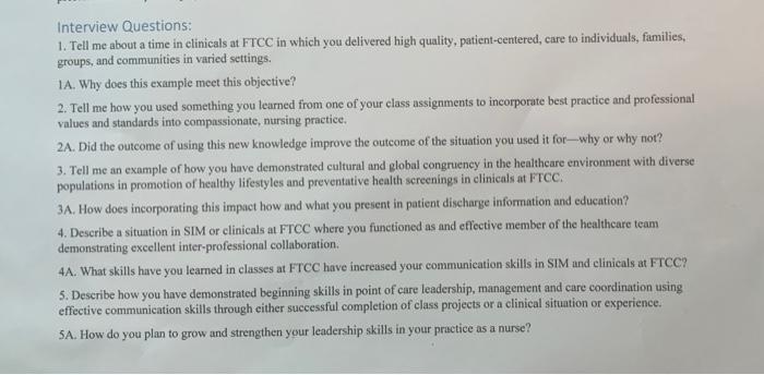 Interview Questions 1 Tell Me About A Time In Clinicals At Ftcc In Which You Delivered High Quality Patient Centered 1