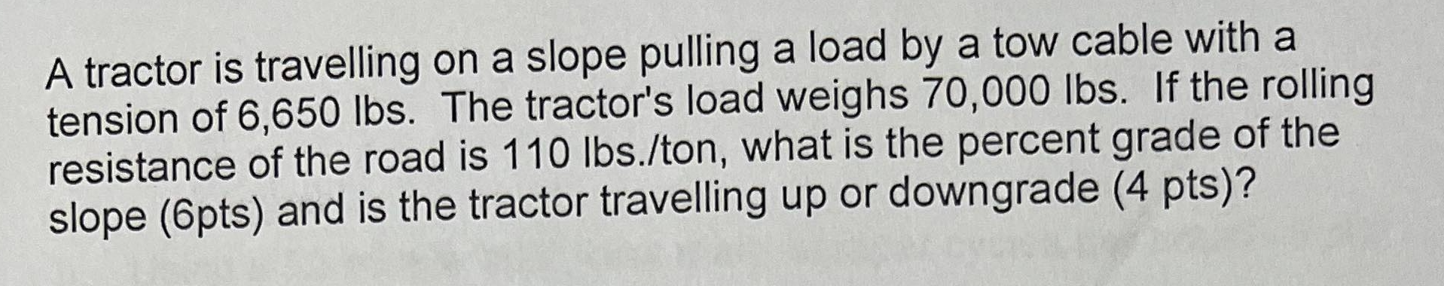 A Tractor Is Travelling On A Slope Pulling A Load By A Tow Cable With A Tension Of 6 650 Lbs The Tractor S Load Weighs 1