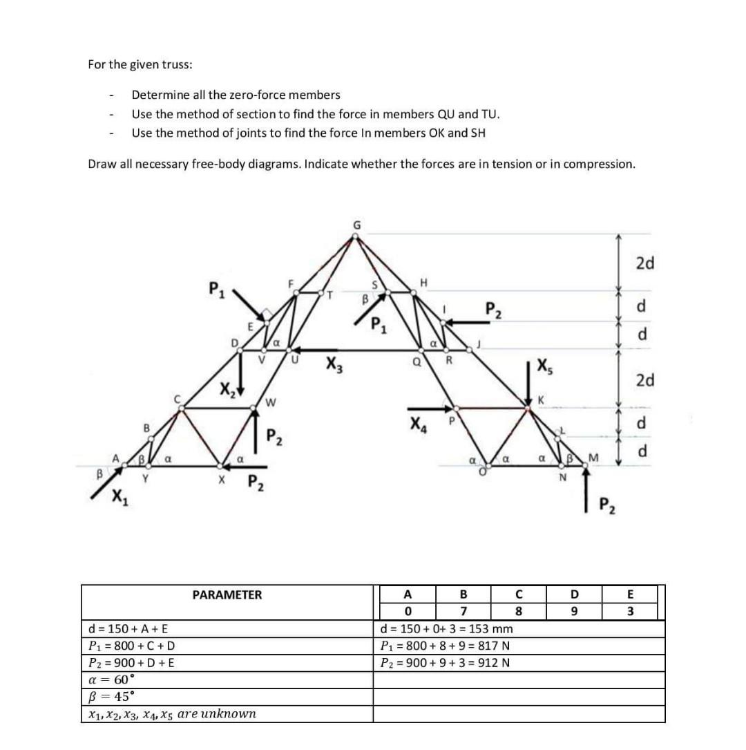 For The Given Truss Determine All The Zero Force Members Use The Method Of Section To Find The Force In Members Qu And 1