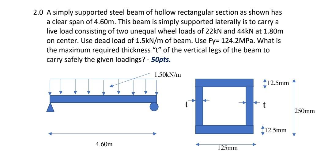 2 0 A Simply Supported Steel Beam Of Hollow Rectangular Section As Shown Has A Clear Span Of 4 60m This Beam Is Simply 1