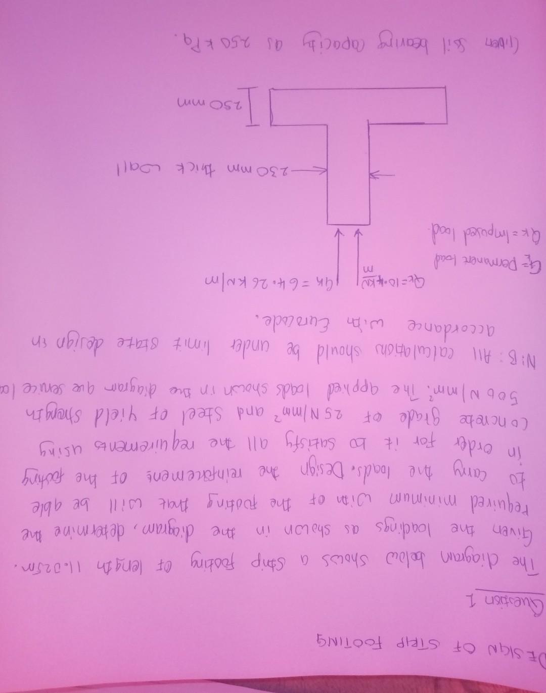 Design Of Strip Footing Question 1 The Diagram Below Shows A Strip Footing Of Length 11 025m Given The Loadings As Show 1