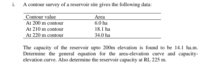 I A Contour Survey Of A Reservoir Site Gives The Following Data Contour Value Area At 200 M Contour 6 0 Ha At 210 M Co 1