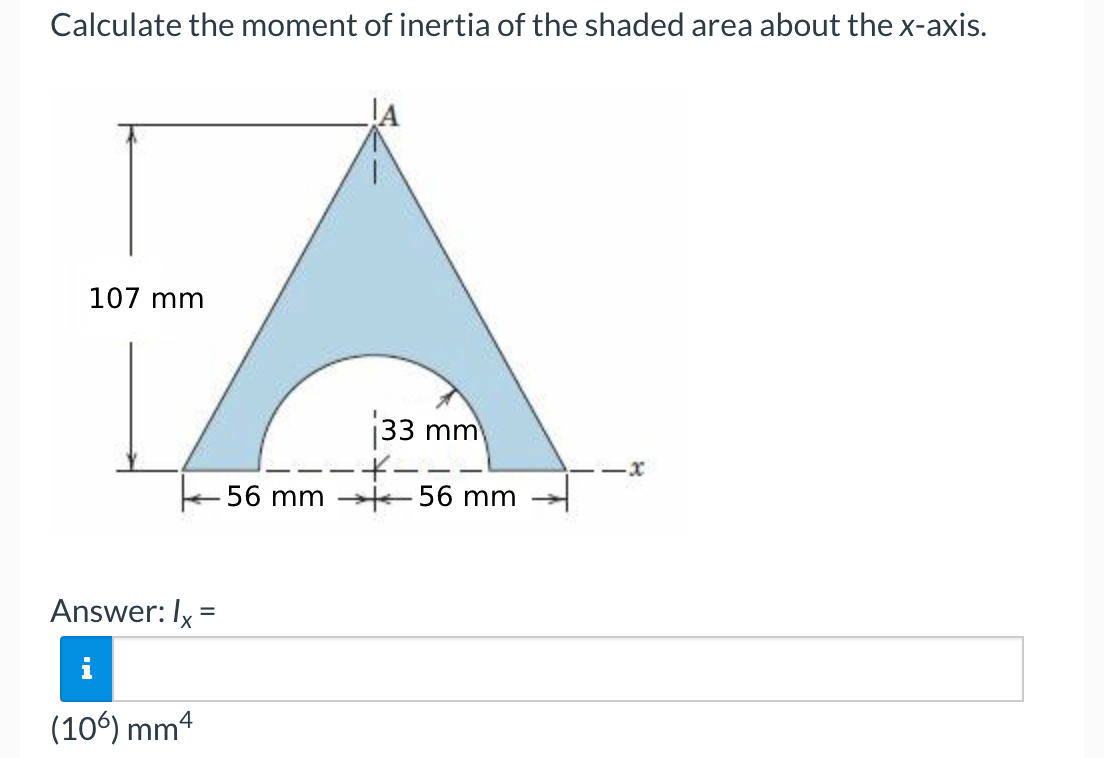 Calculate The Moment Of Inertia Of The Shaded Area About The X Axis 107 Mm 33 Mm 56 Mm 56 Mm Answer Ix 106 Mm 1