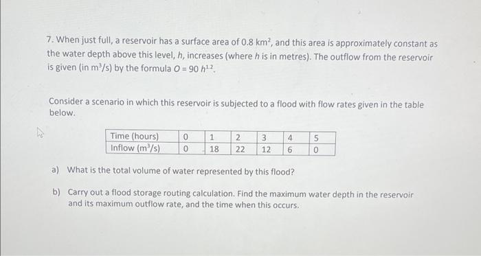 7 When Just Full A Reservoir Has A Surface Area Of 0 8 Km And This Area Is Approximately Constant As The Water Depth 1