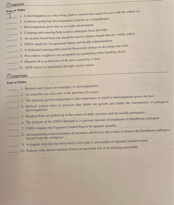 True Or False Need Help On Pre Test And Need Help On Post Test Thank You 1