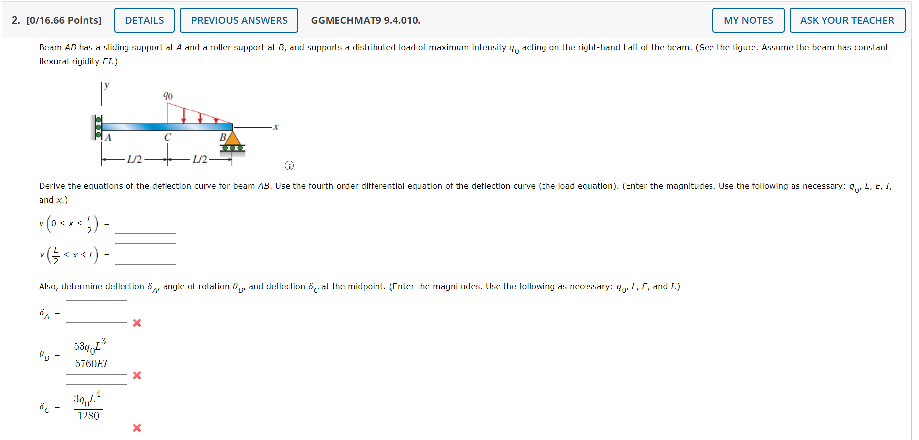 Previous Answers 2 0 16 66 Points Details Ggmechmat9 9 4 010 My Notes Ask Your Teacher Beam Ab Has A Sliding Support 1