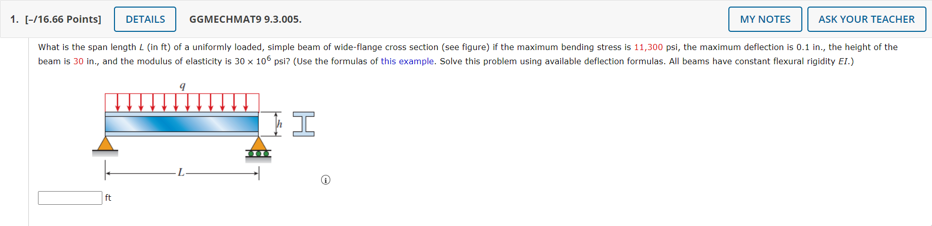 1 16 66 Points Details Ggmechmat9 9 3 005 My Notes Ask Your Teacher What Is The Span Length L In Ft Of A Uniform 1