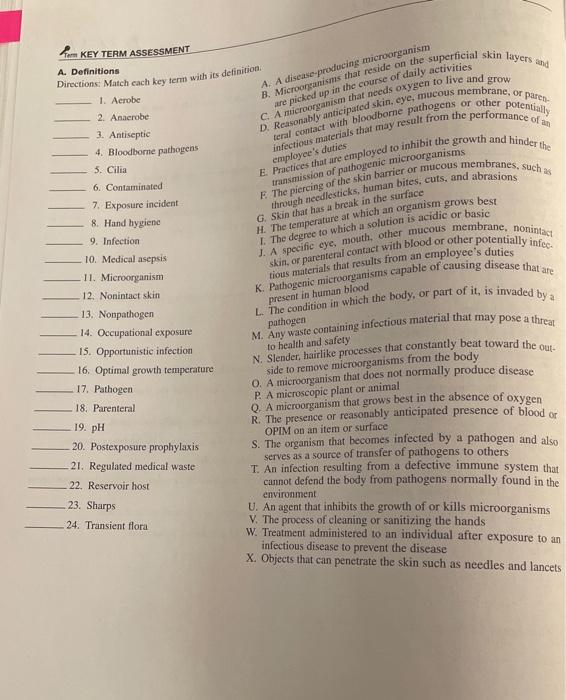 A A Disease Producing Microorganism Tom Key Term Assessment A Definitions Directions Match Cach Key Tem With Its Defi 1