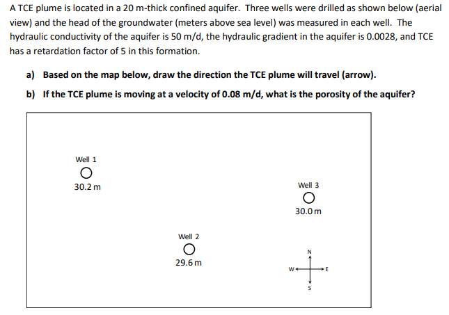 A Tce Plume Is Located In A 20 M Thick Confined Aquifer Three Wells Were Drilled As Shown Below Aerial View And The H 1