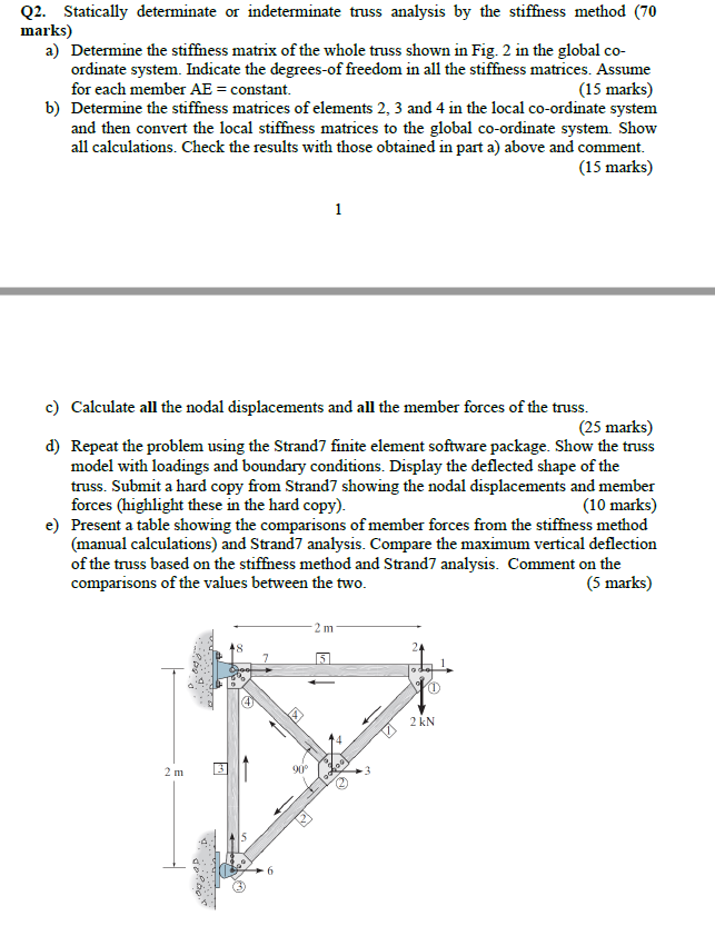 Q2 Statically Determinate Or Indeterminate Truss Analysis By The Stiffness Method 70 Marks A Determine The Stiffness 1