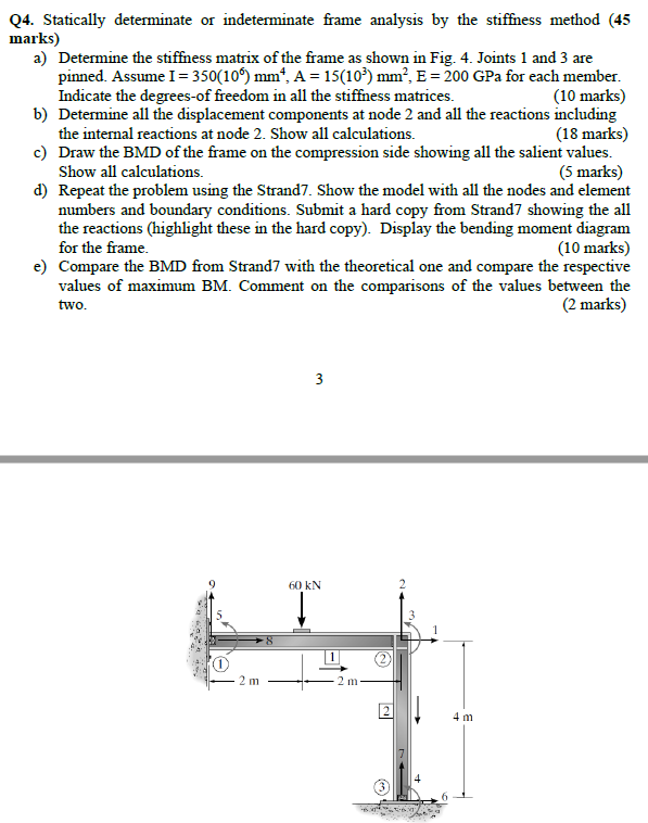 Q4 Statically Determinate Or Indeterminate Frame Analysis By The Stiffness Method 45 Marks A Determine The Stiffness 1
