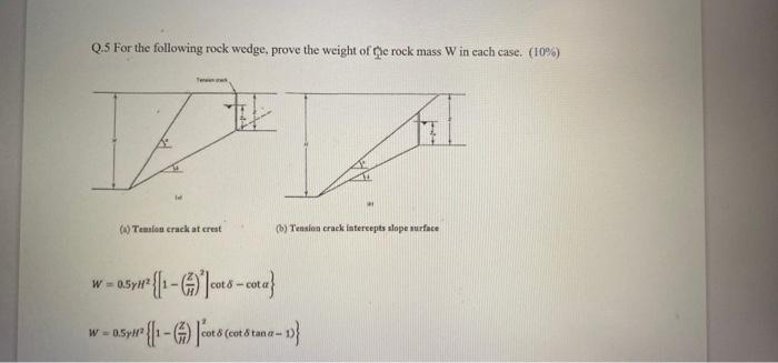 Q 5 For The Following Rock Wedge Prove The Weight Of The Rock Mass W In Each Case 10 Da 4 Tension Crack At Cre 1