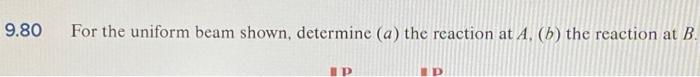 9 80 For The Uniform Beam Shown Determine A The Reaction At A B The Reaction At B Ip W A L 2 Fig P9 80 Answer 1