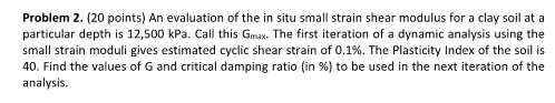 Problem 2 20 Points An Evaluation Of The In Situ Small Strain Shear Modulus For A Clay Soil At A Particular Depth Is 1