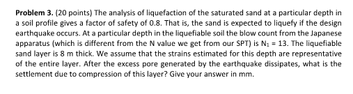 Problem 3 20 Points The Analysis Of Liquefaction Of The Saturated Sand At A Particular Depth In A Soil Profile Gives 1