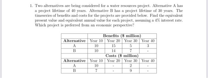 1 Two Alternatives Are Being Considered For A Water Resources Project Alternative A Has A Project Lifetime Of 40 Years 1
