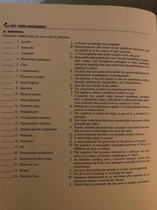 R Key Term Assessment A Definitions Directions Match Each Key Term With Its Definition 1 Aerobe A A Disease Producin 1