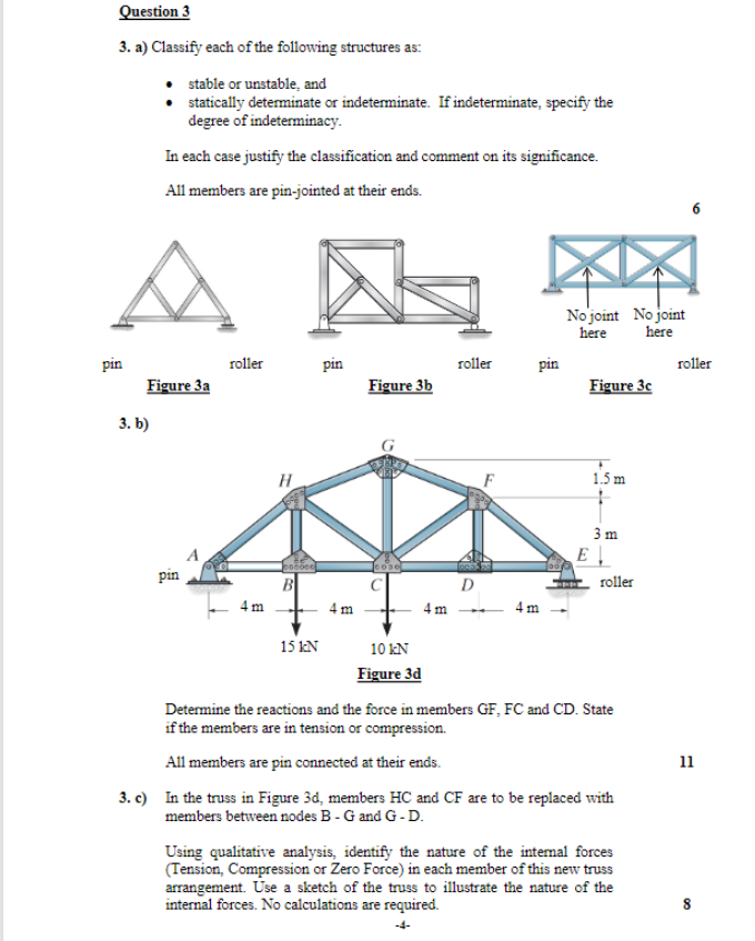 Question 3 3 A Classify Each Of The Following Structures As Stable Or Unstable And Statically Determinate Or Ind 1